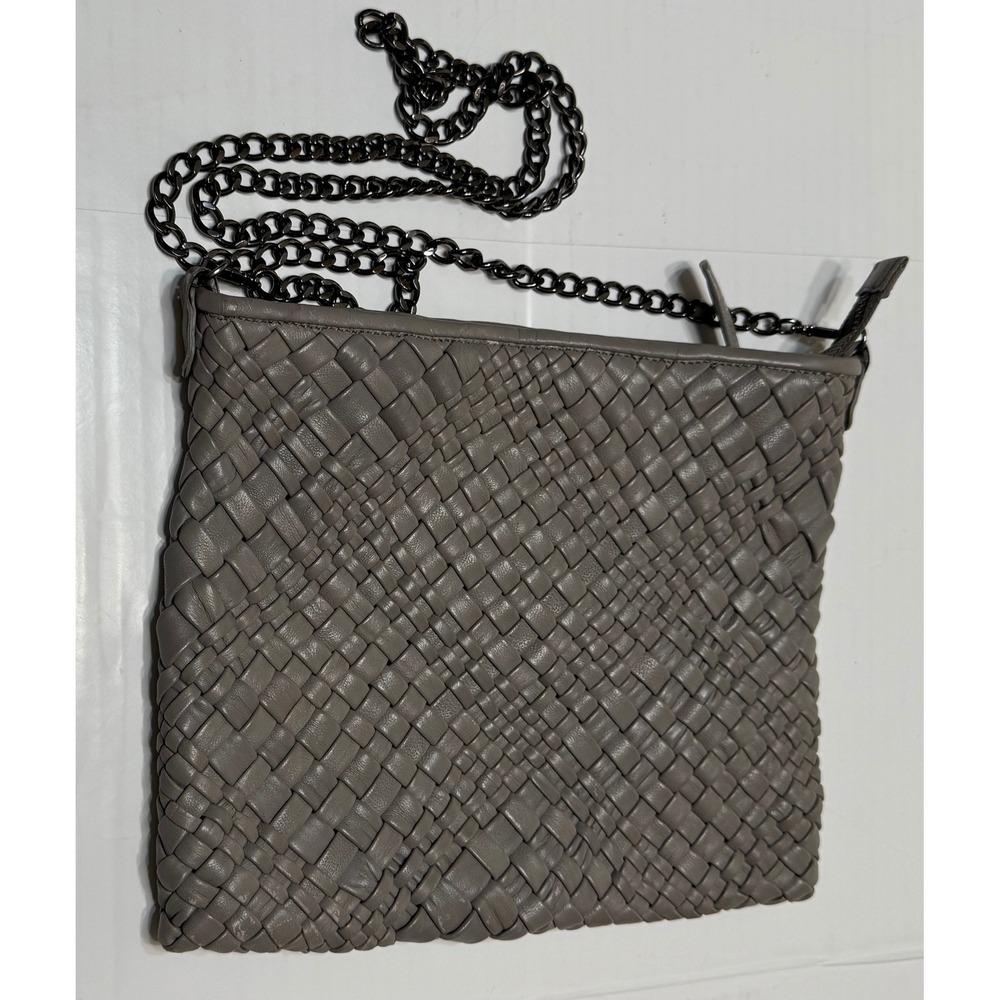 Falor‎ Italia Woven Leather Crossbody Bag Grey Gunmetal Chain Made in Italy